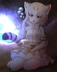 Rule 34 | 10s, 1girl, absurdres, animal ears, black hair, blonde hair, blush, bow, bowtie, brown skirt, bubble, cat ears, cat tail, cave, elbow gloves, fangs, gloves, highres, kakutasu (akihiron cactus), kemono friends, looking at viewer, multicolored hair, open mouth, sand cat (kemono friends), seiza, short hair, sitting, skirt, solo, tail, teeth, white bow, white bowtie, white gloves, yellow eyes