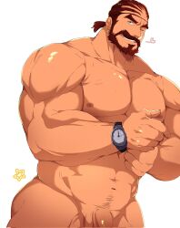 Rule 34 | 1boy, abs, adjusting clothes, bara, beard, bulge, collarbone, commission, completely nude, cowboy shot, dark-skinned male, dark skin, earrings, facial hair, flaccid, grin, heart, highres, jewelry, large pectorals, leoandaslan (leobongnana), looking at viewer, male focus, mature male, medium hair, muscular, muscular male, mustache, navel, nipples, nude, original, out-of-frame censoring, pectorals, penis, penis peek, ponytail, smile, solo, thick mustache, thick thighs, thighs