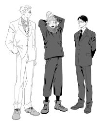 Rule 34 | 2boys, arms behind back, arms up, collared shirt, formal, full body, glasses, goggles, greyscale, hand in pocket, highres, ijichi kiyotaka, itadori yuuji, jujutsu kaisen, jujutsu tech uniform, long sleeves, looking at another, male focus, monochrome, multiple boys, nanami kento, necktie, open mouth, pants, shirt, shoes, standing, suit, sumio (smosmo), teeth, upper teeth only