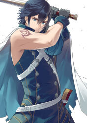 Rule 34 | 1boy, ameno (a meno0), arm tattoo, asymmetrical clothes, asymmetrical sleeves, bare arms, belt, blue eyes, blue hair, brand of the exalt, cape, chrom (fire emblem), crests (fire emblem), falchion (fire emblem), fire emblem, fire emblem awakening, gloves, hair between eyes, holding, holding sword, holding weapon, long sleeves, nintendo, short hair, solo, sword, tattoo, weapon, white background