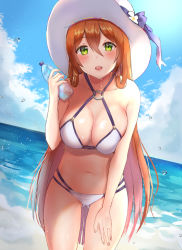 Rule 34 | 1girl, bad id, bad pixiv id, bare shoulders, beach, blue sky, blush, bottle, breasts, brown hair, cleavage, cloud, collarbone, day, girls&#039; frontline, green eyes, hair between eyes, hair rings, holding, holding bottle, kubong, large breasts, leaning forward, long hair, looking at viewer, navel, o-ring, official alternate costume, open mouth, outdoors, ponytail, sidelocks, skindentation, sky, smile, solo, springfield (girls&#039; frontline), springfield (stirring mermaid) (girls&#039; frontline), stomach, thighs, wet
