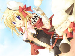 1girl, :d, akira (139931), amistr (ragnarok online), bangs, bell, belt, blonde hair, bow, breasts, brown dress, cape, cleavage, commentary, cowboy shot, creator (ragnarok online), dress, dutch angle, eyebrows visible through hair, gloves, hat, hat bow, large breasts, living clothes, looking to the side, medium hair, open mouth, purple eyes, ragnarok online, red belt, red bow, red cape, sailor hat, sheep, short dress, smile, strapless, strapless dress, teeth, vial, white bow, white gloves, white headwear, white neckwear