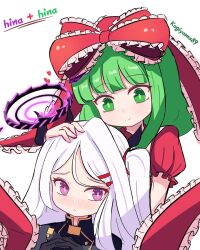 Rule 34 | 2girls, black gloves, blue archive, blunt bangs, bow, character name, demon horns, forehead, front ponytail, gloves, green eyes, green hair, hair between eyes, hair bow, hair ribbon, hina (blue archive), horns, kagiyama hina, long hair, multiple girls, parted bangs, purple eyes, ribbon, side ponytail, sseopik, touhou, white background, white hair