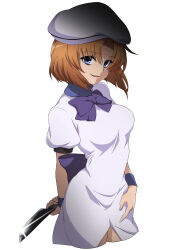 Rule 34 | 1girl, absurdres, arm at side, arm behind back, beret, blue eyes, blue wrist cuffs, bow, breasts, commentary request, cowboy shot, dress, eyelashes, eyes visible through hair, glint, hat, highres, higurashi no naku koro ni, hip vent, holding, holding knife, knife, large breasts, looking at viewer, medium hair, nishizuki shino, open mouth, orange hair, parted bangs, puffy short sleeves, puffy sleeves, purple bow, ryuuguu rena, shaded face, short sleeves, simple background, smile, smirk, solo, standing, white background, white dress, white hat, wrist cuffs