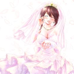 Rule 34 | 1girl, :d, amderxamder, blush, breasts, bridal veil, bride, brown hair, closed eyes, collarbone, date a live, detached sleeves, diadem, dress, earrings, facing viewer, jewelry, large breasts, layered dress, long dress, long sleeves, necklace, open mouth, ornate ring, ring, short hair with long locks, sidelocks, simple background, sleeveless, sleeveless dress, smile, solo, standing, strapless, strapless dress, tears, tokisaki kurumi, veil, wedding dress, wedding ring, white background, white dress, white sleeves