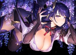 Rule 34 | 1girl, arched back, ass, braid, breasts, cleavage, collar, dress, elbow gloves, fingerless gloves, genshin impact, gloves, hair ornament, hanging breasts, highres, japanese clothes, large breasts, looking at viewer, low-braided long hair, low-tied long hair, mephisto (angraecum), mole, mole under eye, nail polish, purple dress, purple eyes, purple hair, purple nails, purple thighhighs, raiden shogun, solo, thighhighs, thighs