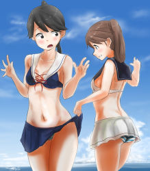 Rule 34 | 2girls, ass, black hair, blush, breasts, brown hair, day, hair between eyes, highres, houshou (kancolle), kantai collection, multiple girls, navel, no bra, ocean, open mouth, panties, ponytail, remodel (kantai collection), ryuujou (kancolle), sailor beach wear (no.s project), sailor collar, sky, small breasts, striped clothes, striped panties, swimsuit, tama (tamago), twintails, underwear, undressing, yellow eyes