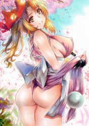 Rule 34 | 1girl, absurdres, ass, bare shoulders, blonde hair, breasts, brown eyes, covered erect nipples, day, fatal fury, highres, huge ass, huge breasts, large breasts, looking at viewer, looking back, oil-paper umbrella, outdoors, ponytail, revealing clothes, rozarin, shiranui mai, sideboob, simple background, smile, solo, thick thighs, thighs, wide hips