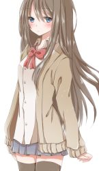 Rule 34 | 1girl, arms at sides, blouse, blue eyes, blush, bow, bowtie, brown hair, brown thighhighs, buttons, cardigan, cowboy shot, grey skirt, hair between eyes, hiro (hirohiro31), long hair, long sleeves, looking at viewer, original, pleated skirt, red bow, red bowtie, shirt, simple background, skirt, solo, thighhighs, white background, zettai ryouiki