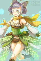 Rule 34 | 1girl, animal ears, bad id, bad pixiv id, blush, boots, brown footwear, brown gloves, brown shorts, cat ears, commentary request, dated, detached sleeves, double bun, dress, fingerless gloves, foot out of frame, gloves, green dress, green eyes, hair bun, looking at viewer, navel, official alternate costume, open mouth, pouch, puffy sleeves, purple hair, ragnarok online, ranger (ragnarok online), reload9 yohji, scarf, short hair, short shorts, shorts, signature, solo, star (symbol), strapless, strapless dress, white sleeves, yellow scarf
