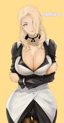 Rule 34 | 1girl, anagumasan, black choker, black pantyhose, blonde hair, blue eyes, breasts, buttons, character name, choker, cleavage, closed mouth, commentary request, cowboy shot, crossed arms, detached sleeves, dress, earrings, fingernails, hair down, hair over one eye, highres, jewelry, large breasts, light smile, lips, long hair, long sleeves, looking at viewer, mature (kof), pantyhose, pink lips, shorts, simple background, smile, snk, solo, standing, the king of fighters, yellow background