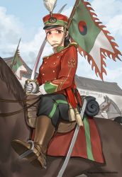 Rule 34 | 1girl, black eyes, black hair, black pants, blue sky, boots, brown footwear, cavalier hat, cavalry, closed mouth, cloud, cloudy sky, flag, geumsu, gloves, hat, holding, holding sword, holding weapon, horse, horseback riding, jacket, long hair, looking at viewer, military, military hat, military jacket, military uniform, original, outdoors, pants, ponytail, red hat, red jacket, riding, saber (weapon), sheath, sitting, sky, solo, stirrups (riding), sword, uniform, weapon, white gloves