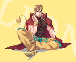 Rule 34 | 1boy, abs, animal ears, black nails, blonde hair, cape, dio brando, fang, full body, heart, highres, jojo no kimyou na bouken, kemonomimi mode, knee pads, less end, lion ears, lion tail, male focus, muscular, nail polish, orange eyes, pointy footwear, shoes, sitting, solo, tail, wrist cuffs, yellow background