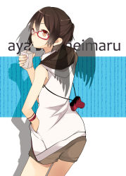 Rule 34 | 1girl, alternate costume, alternate hairstyle, bad id, bad pixiv id, bare shoulders, bespectacled, blouse, camera, casual, character name, collared shirt, contemporary, drink, drinking, female focus, from behind, glasses, half updo, hand in pocket, looking back, pun2, shadow, shameimaru aya, shirt, shorts, simple background, sleeveless, solo, touhou, white shirt, wings
