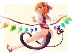 Rule 34 | 1girl, ass, blonde hair, bottomless, commentary request, flandre scarlet, full body, hair ribbon, heart, jpeg artifacts, laevatein (tail), looking at viewer, low wings, mokokiyo (asaddr), no pants, open mouth, pointy ears, puffy short sleeves, puffy sleeves, red eyes, red footwear, red ribbon, ribbon, shoes, short sleeves, side ponytail, simple background, smile, solo, tail, touhou, wings, wrist cuffs