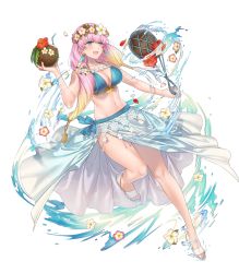 Rule 34 | 1girl, bare arms, bikini, blonde hair, blue eyes, blue nails, breasts, cleavage, coconut, earrings, fire emblem, fire emblem heroes, flower, food, fruit, fruit cup, full body, gradient hair, gunnthra (fire emblem), hair flower, hair ornament, highres, jewelry, kippu, large breasts, long hair, multicolored hair, nail polish, navel, nintendo, official art, pink hair, sandals, solo, stomach, swimsuit, toenail polish, toenails, toes, transparent background, water drop, white footwear