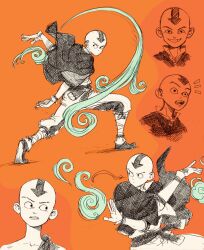 Rule 34 | 1boy, aang, arrow (symbol), aten man, avatar: the last airbender, avatar legends, bald, child, commentary, english commentary, facial mark, fighting stance, full body, highres, male focus, orange background, sketch, smile, solo, teeth