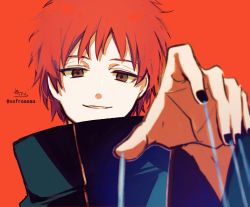 Rule 34 | 1boy, absurdres, black jacket, black nails, brown eyes, gold trim, half-closed eyes, hand up, high collar, highres, jacket, long sleeves, looking at viewer, looking down, male focus, nail polish, naruto (series), naruto shippuuden, orange background, parted lips, red hair, sasori (naruto), signature, smile, sofra, solo, string, tsurime, twitter username, upper body, wide sleeves