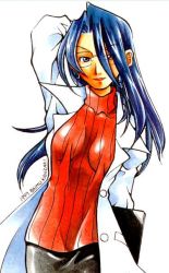 Rule 34 | 1990s (style), 1997, 1girl, arm behind head, arm up, arms behind back, arms up, artist name, blue eyes, blue hair, breasts, breasts apart, buttons, capcom, clipboard, coat, cowboy shot, dated, doctor, earrings, glasses, hair over one eye, holding, jewelry, justice gakuen, kanzaki raimu, lab coat, large breasts, lipstick, long hair, looking at viewer, makeup, matching hair/eyes, mature female, minazuki kyouko, miniskirt, open clothes, open coat, pencil skirt, raimu kanzaki, red lips, retro artstyle, ribbed sweater, rimless eyewear, school nurse, shiritsu justice gakuen, simple background, skirt, smile, solo, sweater, teacher, turtleneck, white background