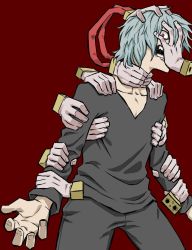 Rule 34 | 10s, 1boy, bad id, bad twitter id, blue hair, boku no hero academia, cowboy shot, evil grin, evil smile, grey pants, grey shirt, grin, highres, light blue hair, looking at viewer, male focus, pants, red background, red eyes, shigaraki tomura, shirt, simple background, smile, solo, standing, tuskryo