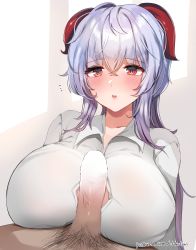 Rule 34 | 1girl, ahoge, alternate breast size, alternate costume, blouse, blue hair, blush, breasts, collared shirt, contemporary, dolechan, dress shirt, formal, ganyu (genshin impact), genshin impact, goat horns, highres, horns, huge breasts, imminent paizuri, long hair, looking at cm, low ponytail, office lady, open mouth, penis, purple eyes, shirt, white shirt