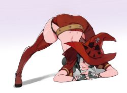 Rule 34 | ass, black skirt, boots, fingerless gloves, gloves, gradient background, grin, guilty gear, guilty gear strive, hat, highres, i-no, jack-o&#039; challenge, puffy short sleeves, puffy sleeves, red hat, red thighhighs, short sleeves, skirt, smile, solo, sungwon, thighhighs, top-down bottom-up, witch hat