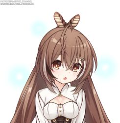Rule 34 | 1girl, ahoge, blush, brown hair, corset, fanbox username, feather hair ornament, feathers, gabriel evangel, hair between eyes, hair ornament, hairclip, highres, hololive, hololive english, long hair, nanashi mumei, owl girl, patreon username, ponytail, virtual youtuber, white background, yellow eyes