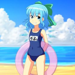 Rule 34 | 1girl, arms behind back, beach, blue eyes, blue hair, blue sky, bow, cato (monocatienus), cirno, cloud, collarbone, covered navel, day, grin, hair bow, ice, ice wings, innertube, looking at viewer, matching hair/eyes, ocean, one-piece swimsuit, outdoors, school swimsuit, sky, smile, solo, swim ring, swimsuit, touhou, water, wings