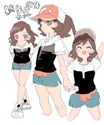 Rule 34 | 1girl, ankea (a-ramo-do), arms behind back, arms up, baseball cap, black legwear, black shirt, brown eyes, brown hair, child, closed eyes, closed mouth, creatures (company), cropped legs, elaine (pokemon), female focus, flat chest, full body, game freak, green shorts, happy, hat, highres, japanese text, leaning forward, legs apart, looking at viewer, matching hair/eyes, multiple views, nintendo, open mouth, poke ball theme, pokemon, pokemon lgpe, puffy short sleeves, puffy sleeves, red headwear, shirt, shoes, short shorts, short sleeves, shorts, simple background, sketch, smile, socks, standing, swept bangs, translation request, white background, white footwear