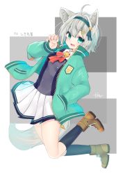 Rule 34 | 1girl, :d, animal ears, boots, brown footwear, claw pose, commission, fang, full body, green eyes, green jacket, hairband, hand in pocket, highres, jacket, nachiru, open clothes, open jacket, open mouth, original, pleated skirt, skeb commission, skirt, smile, tail, unzipped, white skirt, wolf ears, wolf girl, wolf tail