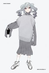 Rule 34 | 1girl, acubi tomaranai, air jordan, arm at side, character name, closed mouth, dress, drill hair, english text, fashion, full body, grey background, grey dress, greyscale, highres, idolmaster, idolmaster cinderella girls, kanzaki ranko, long hair, looking at viewer, monochrome, nike (company), outstretched arm, product placement, red eyes, shoes, simple background, sleeves past fingers, sleeves past wrists, sneakers, socks, solo, standing, turtleneck, twin drills, white socks