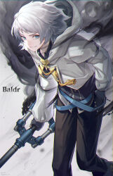 Rule 34 | 1boy, absurdres, baldr (kingdom hearts), black footwear, black gloves, black pants, blue eyes, boots, chain, character name, clasp, commentary, darkness, dated, gloves, gogo (detteiu de), grey background, grey hair, grin, hand in pocket, highres, holding, holding weapon, hood, hoodie, keyblade, kingdom hearts, kingdom hearts dark road, leaning forward, long sleeves, looking at viewer, male focus, pants, sideways glance, smile, solo, spoilers, twitter username, weapon, white hoodie