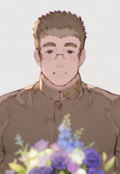 Rule 34 | 1boy, alternate costume, bad id, bad pixiv id, black hair, blurry, blurry foreground, bouquet, brown hair, chataro1412, flower, giving, glasses, male focus, parted lips, pov, rimless eyewear, motoori shiro, short hair, solo focus, thick eyebrows, tokyo houkago summoners, upper body, wide-eyed