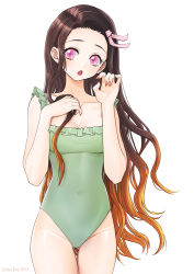 Rule 34 | 1girl, blonde hair, breasts, brown hair, casual one-piece swimsuit, cleavage, collarbone, covered navel, cowboy shot, frilled swimsuit, frills, gluteal fold, gradient hair, green one-piece swimsuit, hair ribbon, highleg, highleg swimsuit, kamado nezuko, kimetsu no yaiba, koban7513, long hair, looking at viewer, medium breasts, multicolored hair, nail polish, one-piece swimsuit, open mouth, pink eyes, pink ribbon, red nails, ribbon, simple background, solo, standing, swimsuit, very long hair, white background