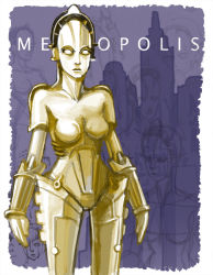 Rule 34 | 1girl, android, breasts, cityscape, commentary, copyright name, cyberpunk, jonathan kim, maschinenmensch, metropolis, metropolis (fritz lang), robot, science fiction, solo