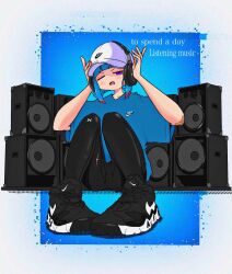 Rule 34 | 1girl, bandaid, bandaid on arm, baseball cap, black footwear, black leggings, blue background, blue hair, blue shirt, blunt bangs, border, colored tips, commentary, english text, fang, full body, hands on headphones, hands up, hat, headphones, highres, knees up, leggings, listening to music, looking at viewer, medium hair, multicolored hair, nao97122, nike (company), one eye closed, open mouth, original, outside border, purple eyes, shirt, shoes, short sleeves, sitting, sneakers, solo, speaker, streetwear, symbol-only commentary, t-shirt, under armour, white border, white hat