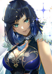 Rule 34 | 1girl, blue dress, blue hair, blunt bangs, breasts, cleavage, diagonal bangs, dice, dress, earrings, feather-trimmed jacket, genshin impact, green eyes, highres, jacket, jewelry, large breasts, looking at viewer, mole, mole on breast, multicolored hair, neck tassel, okura shito, parted lips, short hair, simple background, sleeveless, sleeveless dress, smile, solo, sparkle, two-tone hair, upper body, white background, white jacket, yelan (genshin impact)