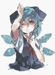 Rule 34 | 1girl, arm up, armpits, blue eyes, blue hair, bow, cirno, cropped torso, food, food in mouth, hair bow, higa (gominami), highres, holding, holding food, ice, ice wings, looking at viewer, mouth hold, one eye closed, popsicle, popsicle in mouth, shirt, short hair, short sleeves, simple background, solo, touhou, upper body, white background, white shirt, wings