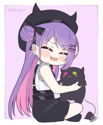 Rule 34 | 1girl, :d, ^ ^, beret, bibi (tokoyami towa), black headwear, black skirt, blush stickers, chibi, closed eyes, colored inner hair, commentary, demon girl, demon tail, english commentary, closed eyes, fake horns, fang, frilled shirt, frills, hair bun, hat, highres, hololive, horned headwear, horns, kukie-nyan, long hair, looking at viewer, multicolored hair, open mouth, piercing, pink hair, pleated skirt, pointy ears, purple hair, shirt, side bun, single side bun, skirt, smile, solo focus, streaked hair, suspender skirt, suspenders, tail, tail ornament, tail piercing, tokoyami towa, twitter username, virtual youtuber, white shirt
