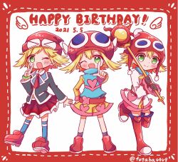 Rule 34 | 1girl, absurdres, amitie (puyopuyo), blonde hair, blush, dual persona, futaba969649, green eyes, happy birthday, highres, holding, holding staff, looking at viewer, one eye closed, puyopuyo, red amitie, red skirt, school uniform, short hair, shorts, skirt, smile, staff, standing, standing on one leg, white wings, wings