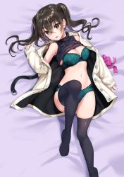Rule 34 | 1girl, akamoku, bad id, bad pixiv id, bare shoulders, black sweater, black thighhighs, blue bra, blue panties, blush, bow, bra, breasts, brown eyes, brown hair, cleavage, clothes lift, commentary request, feet, fingernails, hair between eyes, hand up, highres, idolmaster, idolmaster cinderella girls, jacket, long hair, long sleeves, looking at viewer, lying, medium breasts, navel, no shoes, on back, open clothes, open jacket, open mouth, panties, pinching sleeves, pink bow, ribbed sweater, sharp teeth, skindentation, sleeveless, sleeveless sweater, sleeveless turtleneck, sleeves past wrists, solo, sunazuka akira, sweater, sweater lift, teeth, thighhighs, turtleneck, turtleneck sweater, twintails, underwear, white jacket