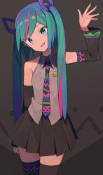 Rule 34 | 1girl, :d, alternate color, alternate costume, bare shoulders, black background, black necktie, black skirt, blue eyes, blue hair, colorful, commentary, cowboy shot, detached sleeves, grey background, hand up, hatsune miku, head tilt, highres, long hair, multicolored clothes, multicolored hair, necktie, open mouth, pin, pink hair, simple background, skirt, smile, smiley face, solo, standing, striped background, striped clothes, striped thighhighs, thighhighs, thighs, tomioka jirou, twintails, two-tone hair, upper body, vocaloid, waving