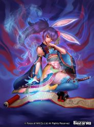 Rule 34 | 1girl, animal ears, rabbit ears, copyright name, force of will, japanese clothes, katana, long hair, misa tsutsui, official art, purple hair, red eyes, sandals, scroll, sitting, solo, sparkle, sword, thighhighs, weapon