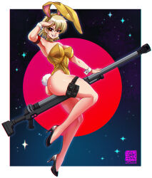 Rule 34 | 1girl, 2023, absurdres, animal ears, anti-materiel rifle, ass, bare legs, bare shoulders, blonde hair, blush, breasts, cannon, cleavage, curvy, dated, fake animal ears, fake tail, fangs, fingernails, full body, gun, hair between eyes, hellsing, hellsing 30mm anti-tank cannon harkonnen, highleg, highleg leotard, highres, huge ass, large breasts, leotard, medium hair, open mouth, peterete, playboy bunny, rabbit ears, rabbit tail, red eyes, riding, rifle, salute, seras victoria, shiny skin, simple background, skindentation, smile, sniper rifle, solo, tail, vampire, weapon, wide hips, yellow leotard