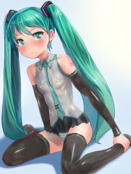 Rule 34 | 1girl, blush, bodypaint, flat chest, frown, green eyes, green hair, hatsune miku, long hair, matching hair/eyes, navel, nipples, nude, painted clothes, sitting, solo, twintails, very long hair, vocaloid, wariza