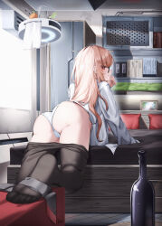 Rule 34 | 1girl, absurdres, all fours, alternate costume, ass, bed, bedroom, black-framed eyewear, blonde hair, closed mouth, clothes pull, di le to, feet, from behind, girls&#039; frontline, glasses, grey pantyhose, highres, indoors, long hair, long sleeves, looking at viewer, looking back, on bed, panties, pantyhose, pantyhose pull, profile, red eyes, shirt, soles, solo, thighband pantyhose, thighs, toes, type 80 (girls&#039; frontline), underwear, white panties, white shirt