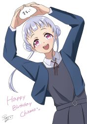 Rule 34 | 1girl, arashi chisato, arm over head, artist name, artist request, belt, blue cardigan, blue jacket, blush, bow, bowtie, breasts, buttons, cardigan, check translation, collared shirt, commentary request, cropped jacket, double bun, dress, dress shirt, female focus, floating hair, grey belt, grey shirt, grey skirt, hair bun, hair tie, hands over head, highres, jacket, long hair, long sleeves, looking at viewer, love live!, love live! superstar!!, miniskirt, nail, nail polish, neck ribbon, o-ring, o-ring belt, parted lips, pink nails, plaid, plaid skirt, pleated, pleated skirt, red bow, red eyes, red ribbon, ribbon, school uniform, shirt, skirt, small breasts, smile, solo, translated, translation request, twintails, wavy hair, white background, white hair, white shirt, wing collar, yuigaoka school uniform