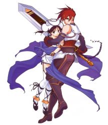 Rule 34 | 1boy, 1girl, atelier (series), atelier iris, atelier iris grand phantasm, black hair, blue eyes, boots, couple, edge vanhite, footwear ribbon, full body, gloves, gust, hat, height difference, hetero, iris fortner, knee boots, official art, ouse kohime, pants, red hair, shawl, shoes, short hair, skirt, sword, thigh strap, thighhighs, weapon, white background, white thighhighs
