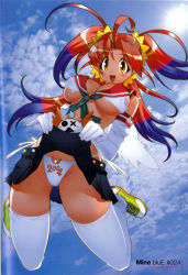 Rule 34 | 1girl, ahoge, backlighting, blue hair, breasts, cleavage, clothes lift, covered erect nipples, crop top, day, detached sleeves, full body, highres, large breasts, lifting own clothes, miniskirt, multicolored hair, outdoors, panties, pantyshot, pink hair, quad tails, red hair, scan, school uniform, serafuku, side-tie panties, skirt, skirt lift, solo, thighhighs, two-tone hair, underboob, underwear, upskirt, white thighhighs, wide-eyed, wings, yellow eyes, yoshizaki mine