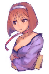 Rule 34 | 00s, 1girl, breasts, brown eyes, brown hair, choker, cleavage, collarbone, crossed arms, hairband, japanese clothes, kanzaki sumire, kimono, light smile, looking to the side, mole, mole under eye, obi, off shoulder, red ribbon, ribbon, ribbon choker, sakura taisen, sash, simple background, solo, udonntennni, upper body, white background